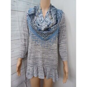 Unity World Wear Womens Tunic Top Striped Long Sleeve Attached Scarf Gray Sz M